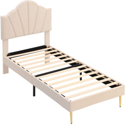SINGULARITY-Bed met fluweel bekleed- 90 x 200 cm- schelpvormig bed met gouden ijzeren poten- in hoogte verstelbaar hoofdeinde- houten lattenbodem- beige- zonder matras