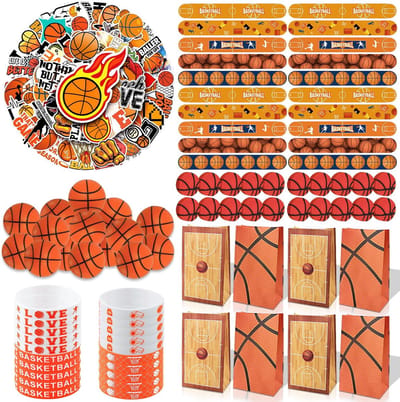 Thijox - Basketbal Party Favors 150 Stuks - Feestbenodigdheden met Basketbal Polsbandjes, Stickers, Mini Basketballen, Slap Armbanden en Cadeauzakken