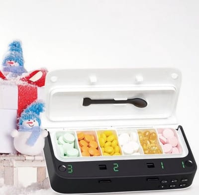 Slimme pillendoos - Pillendispenser met alarm - Dagelijkse pillenorganizer - Tot 7 alarmen per dag - 6 compartimenten - Pillenherinnering voor senioren - Tijdsgebonden herinnering - Medicijndispenser - Draagbare pillendoos