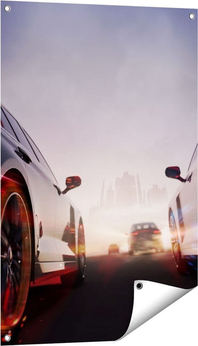 Gards Tuinposter Twee Raceauto's - Blauw Tegen Rood - 60x90 cm - Tuindoek - Tuindecoratie - Wanddecoratie buiten - Tuinschilderij