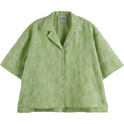 Scotch & Soda Cotton Linen Embroidered Short Sleeve Shirt Pistachio size 36 | Button-Down Shirts Outlet | Women | White
