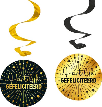 4x Swirls 'Hartelijke Gefeliciteerd' jaar zwart / goud - Golden Celebrations - Verjaardag Feestje Hangdecoratie Versiering Feestdecoratie Decoratie