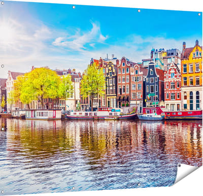 Gards Tuinposter Amsterdamse Huisjes aan het Water - 150x120 cm - Tuindoek - Tuindecoratie - Wanddecoratie buiten - Tuinschilderij