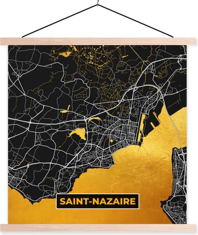 Posterhanger incl. Poster 40x40 cm - Schoolplaat - Frankrijk – Plattegrond – Kaart – Saint-Nazaire – Stadskaart - Textielposter - Blanke latten - Stadskaart