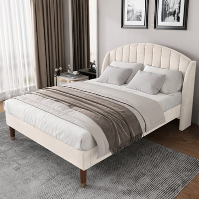 MEUNIQ Gestoffeerd bed 140x190 cm met lattenbodem en hoog hoofdbord, fluwelen bedframe met houten latten en 300 kg draagvermogen voor slaapkamer, beige