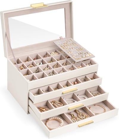 Opbergdoos Oorbellen - Sieradenhouder Organizer - Sieraden Netjes Houden - Stofdicht Ontwerp - 4 Niveaus 30x18x17cm - Wit