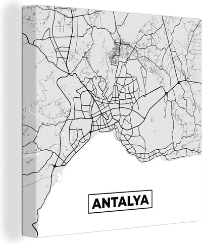 Canvas Schilderij Antalya - Stadskaart - Plattegrond - Zwart Wit - Kaart - 20x20 cm - Wanddecoratie