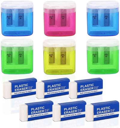 Dailygoods- Puntenslijper Handmatig - Dubbele Gaten - 6 Stuks - Kleurrijk - Met Deksel - Inclusief Witte Plastic Gum - Slijper