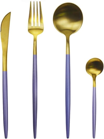 Stijlvolle 4-delige RVS Bestekset voor Diner, Ideaal voor Thuis, Bruiloften en Feesten, Vaatwasserbestendig, Service voor 1 (Paars+Goud)