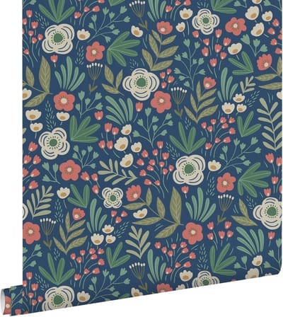 ESTAhome behang bloemetjes donkerblauw, groen en terracotta - 50 x 900 cm - 131071