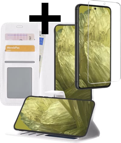 Hoesje - Met Screenprotector - Geschikt voor Google Pixel 8a - Luxe Pasjeshouder - Bookcase Portemonee - Flip Case - Kunstleer Book Case - Flipcase - Book Cover - Walletcase - Portemonneehoes - Telefoonhoesjes - Wit