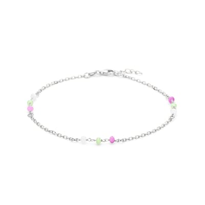 925 zilveren enkelbandje met gekleurde steentjes - 24 + 2 cm - Gerhodineerd 925 zilveren enkelband - Lev Sieraden