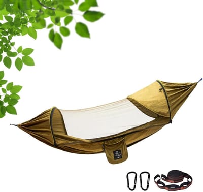 Hangmat met net - Kampeerhangmat Reishangmat - Buiten Ontspannen - Geïntegreerd Muggennet - 35x20 cm - Gele aarde