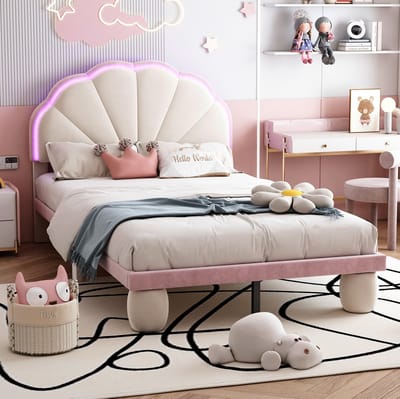 MEUNIQ kinderbed 90x200 cm met LED verlichting, golvend gestoffeerd hoofdbord, lattenbodem, velvet eenpersoonsbed voor kinderkamer, beige en roze