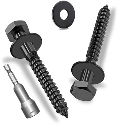 12x M8 x 60 mm Zeskant Houtschroeven met Sluitringen, Zwart RVS A2V2-DIN571