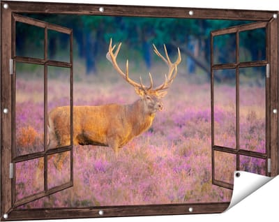 Gards Tuinposter Doorkijk Hert in de Weide tijdens Zonsondergang - 120x80 cm - Tuindoek - Tuindecoratie - Wanddecoratie buiten - Tuinschilderij