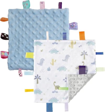 Zachte Sensory Dekentjes voor Baby's, Perfecte Cadeaus voor Verjaardag en Babyshower, Dino en Blauw (24x24cm)