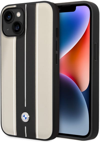 BMW iPhone 14 Plus & 15 Plus Backcover hoesje - Beige Leather Signature - Hot Stamp Lines - Beige