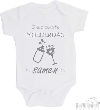 100% katoenen Romper "Onze eerste moederdag samen" Unisex Katoen Wit/grijs Maat 56/62