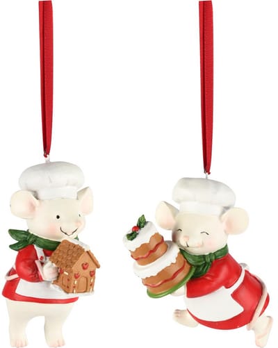 Dekoratief | Hanger bakkersmuisje, rood/wit, resina, 6x4x10cm, set van 2 stuks | A255826