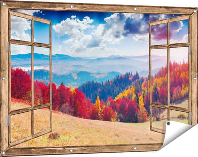 Gards Tuinposter Doorkijk Kleurrijke Herfstbos met Heuvellandschap - 120x80 cm - Tuindoek - Tuindecoratie - Wanddecoratie buiten - Tuinschilderij