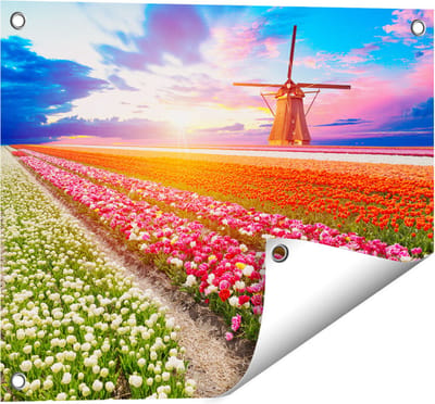 Gards Tuinposter Kleurrijke Bloemenveld met een Windmolen - 50x40 cm - Tuindoek - Tuindecoratie - Wanddecoratie buiten - Tuinschilderij
