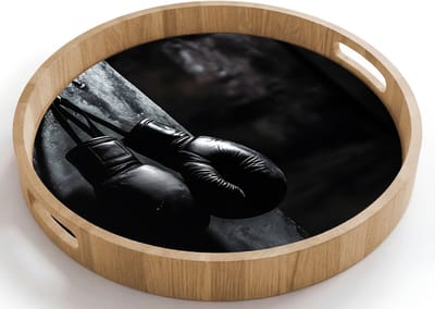 Dienblad rond 40x40 cm - Schootdienblad hout - Bokshandschoenen - Muur - Duister - Zwart - Borrelplank rechthoek - Plateau houten dienbladen