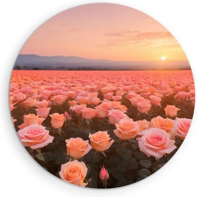 Saammp Muurcirkel Hout - Landschap - Roze Bloemenveld - Natuur - Ø 90 - Wandcirkel - Wanddecoratie Cirkel - Muurdecoratie Woonkamer - Slaapkamer decoratie - Rond Schilderij