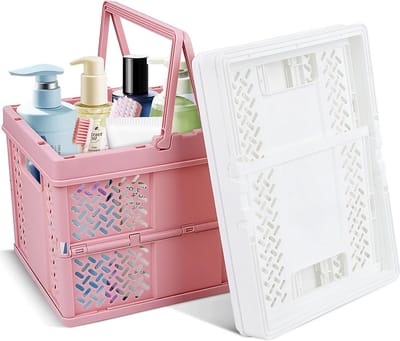 Vouwbox Kunststof - Opbergbox Handgrepen - Thuis Organiseren - Stapelbaar Ontwerp - 23 x 17 x 15 cm - Roze Wit