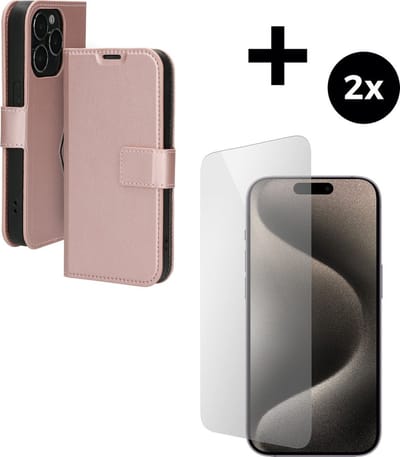 Mobiparts Classic Wallet hoesje geschikt voor Apple iPhone 15 Pro met 2 Screenprotectors van Gehard Glas - Roze