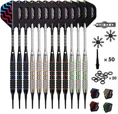Turnart Dartpijlen met kunststof punt, 12 stuks, 18 gram, met 50 extra dartpunten, 20 rubberen ringen, 24 flights, gereedschapsset voor elektronisch dartbord