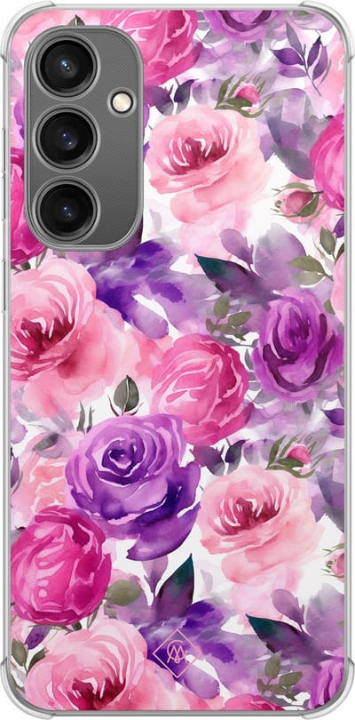 Casimoda® hoesje - Geschikt voor Samsung Galaxy S23 FE - Rosy Blooms - Shockproof case - Extra sterk - TPU/polycarbonaat - Paars, Transparant