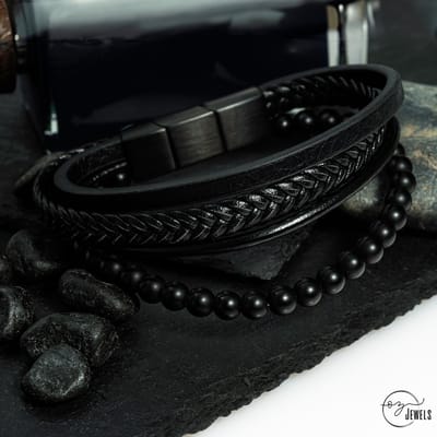 OZ JEWELS Heren Armband met Magnetische Sluiting - Elegante Ontwerp met Zwarte Agaat en Lava Stenen