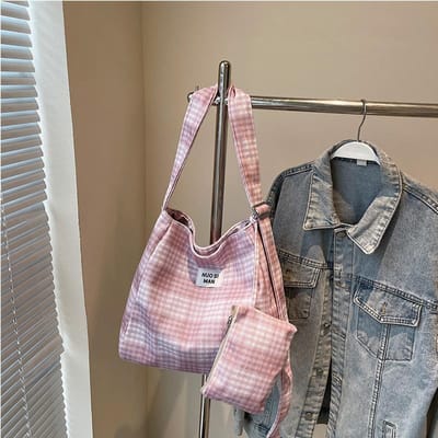 Geruite Contrast Canvas Tas voor Dames Grote Capaciteit Studenten Pendel Tote Bag Computertas Veelzijdige Casual Eénschouder Crossbody Tas gray