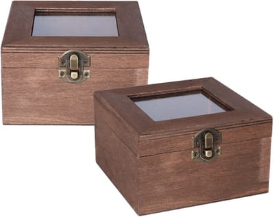 Houten opbergkistje met deksel - 2x - donkerbruin - 12 x 12 x 8 cm - Sieraden/spulletjes/sleutels -Kleine opberg kistjes