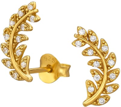 Joy|S - Zilveren takje oorbellen - 7 x 13 mm - olijf tak met blad - zirkonia - sterling zilver 925 gold plated - oorknoppen licht gebogen - t40