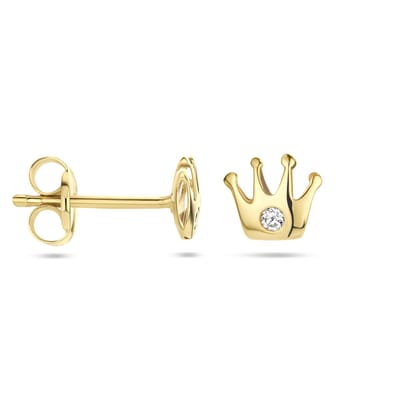 YO&NO - Oorknoppen - Kroon - Zirkonia - Oorbellen - Kinderen - 14 Karaat - Goud