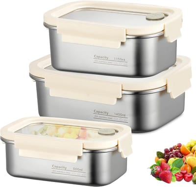 SnelShoppen - Set van 3 RVS Opslagcontainers met Deksel 800ml/1150ml/1400ml - Lucht- en Lekvast - Ideaal voor Keuken, Lunch, Meal Prep en Salades