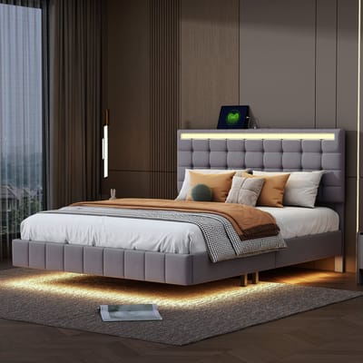Schwebebett 140x200 cm – Gepolstertes Doppelbett mit LED-Hauptteil, Graues Leinen, Modernes Design