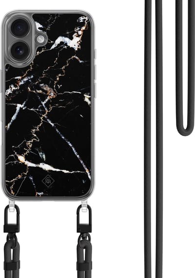 Casimoda® hoesje met koord - Geschikt voor iPhone 16 - Marmer Zwart - Afneembaar koord - TPU/polycarbonaat - Zwart