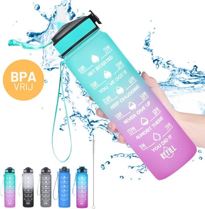 CoolFule Waterfles met Rietje - 1 Liter - Groen-Paars - Lekvrij - BPA Vrij - Drinkfles voor Volwassenen en Kinderen