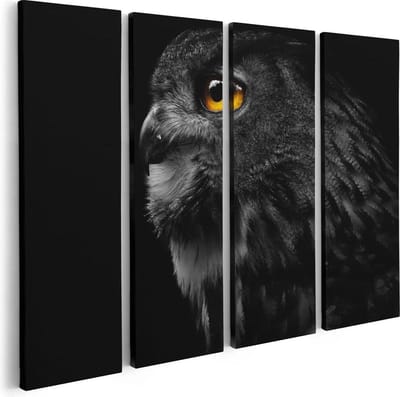 Artaza Canvas Schilderij Vierluik Zwarte Uil Met Gouden Ogen  - 80x60 - Foto Op Canvas - Canvas Print