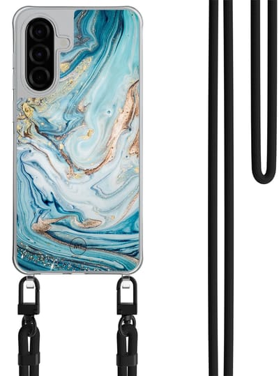 Hoesje met koord geschikt voor Samsung Galaxy A36 - Marmer blauw goud - Inclusief Zwart koord - Crossbody beschermhoes - Transparant, Blauw, Goud - Mooie Telefoonhoesjes