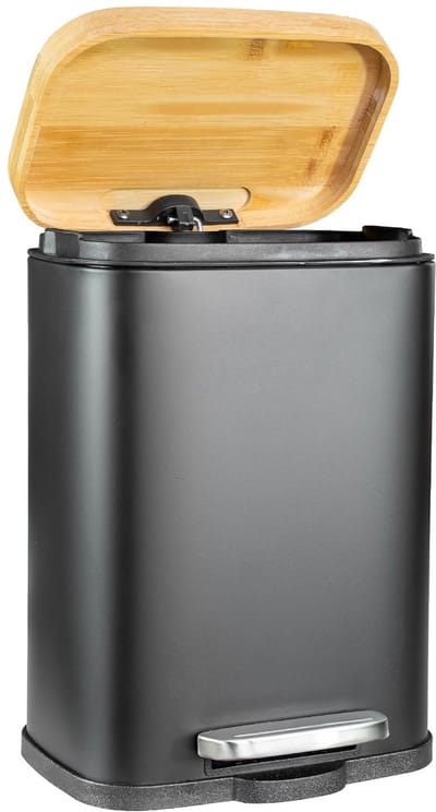 Kleine Pedemmer met Bamboe Deksel 5 Liter - Zwarte Badkamer Afvalbak met Softclose