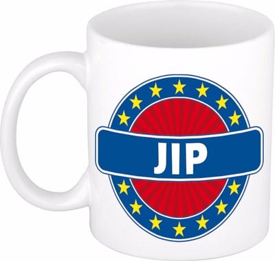 Bellatio Decorations - Jip voornaam - koffiemok - beker - wit/blauw - 300 ml - Cadeau - Heren - Collega - Vaderdag - Verjaardag