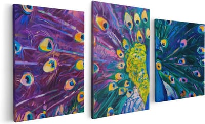 Artaza Canvas Schilderij Drieluik Pauw Met Kleurrijke Veren Van Olieverf - Abstract - 120x60 - Foto Op Canvas - Canvas Print