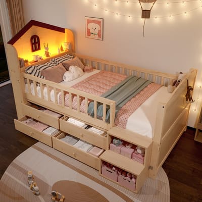 MODFU - Halfhoog Bed - Huisvorm En Opbergladder - Met Ledverlichting En 4 Laden - Grenenhout En MDF - Naturel - 90 X 200 Cm