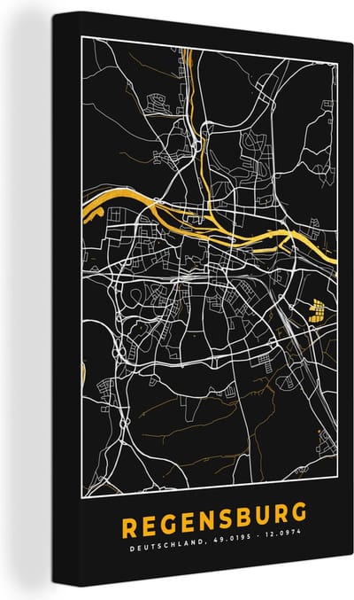 Canvas Schilderij Black and Gold – Stadskaart – Regensburg – Duitsland – Plattegrond – Kaart - 20x30 cm - Wanddecoratie