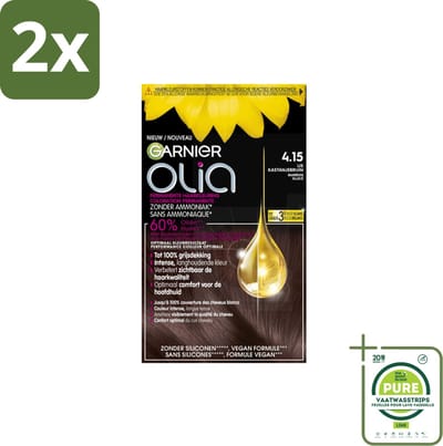 Garnier - Olia 4.15 - Haarkleuring - Kastanje Middenbruin - Zonder Ammoniak - 100% Grijsdekking - Voordeelverpakking - 2 stuks - Permanente haarkleuring - Haarkleur