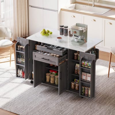 120×45cm, Mobiel kookeiland, Keukenkar, Uitschuifbaar werkblad tot 70cm, Verborgen besteklade, Verstelbare planken, Kruidenrek en handdoekhouder, geschikt voor keuken, eetkamer of woonkamer
